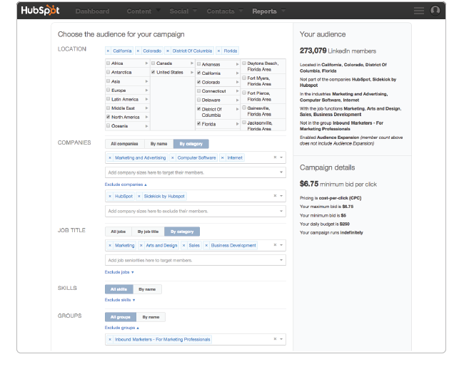 HubSpot Ads creation page for LinkedIn